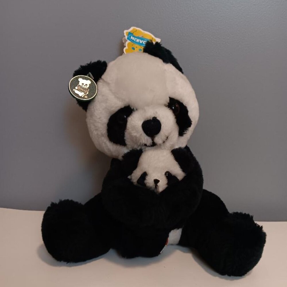 Vintage 1978 Dakin Plush Panda Bear Momma & Baby 11" Tall w  Original Tags